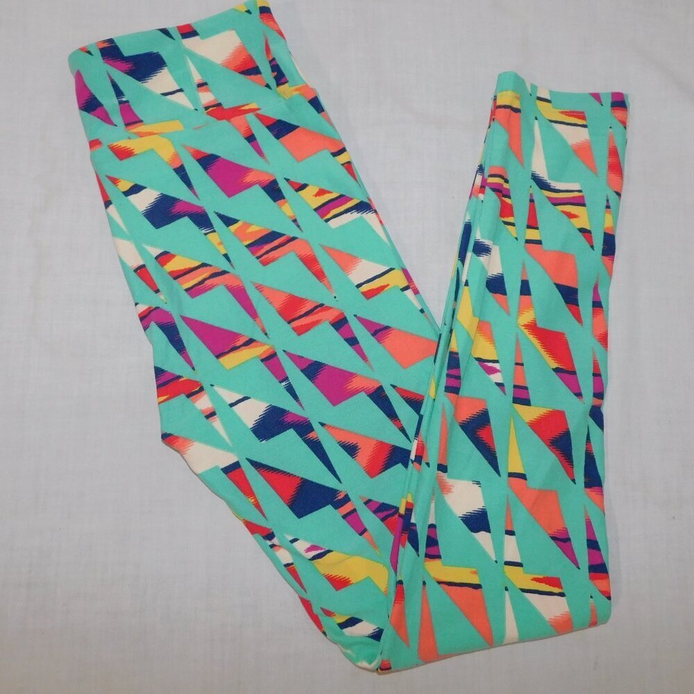 LuLaroe Teal Multicolour Zig Zag Pattern Print Womens Leggings OS size 2 -10